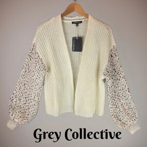 Grey Collective Women Cardigan Sweater Sz M Drop Shoulder Open Front Puff Sleeve